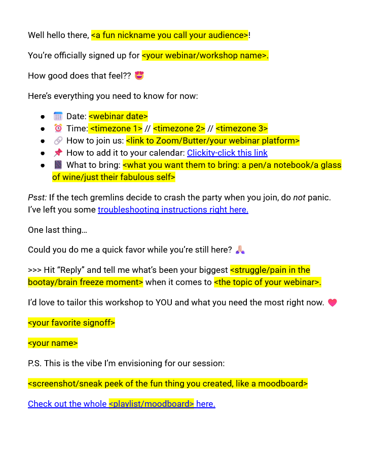 A webinar confirmation email template for online course creators.