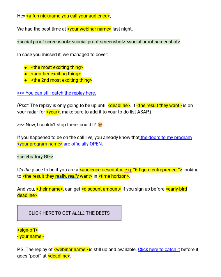 A webinar follow-up email template for online course & digital product creators.