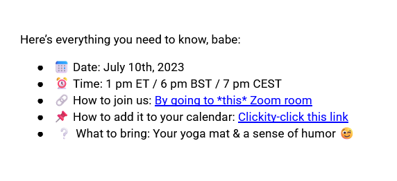 An example of how to share webinar logistics (date, time, join link) in a confirmation email.