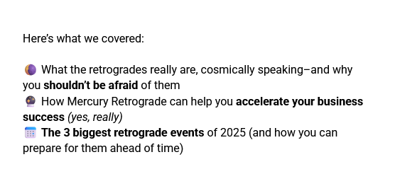 An example of a bullet point list used to entice the reader to watch a webinar replay.