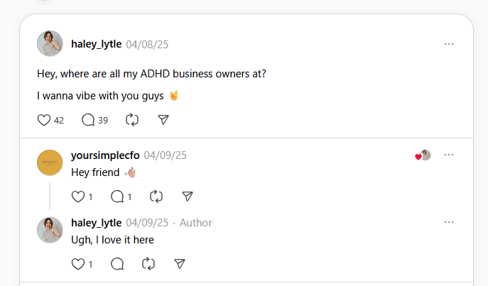 A screenshot of a Thread asking for ADHD business owners to chime in.